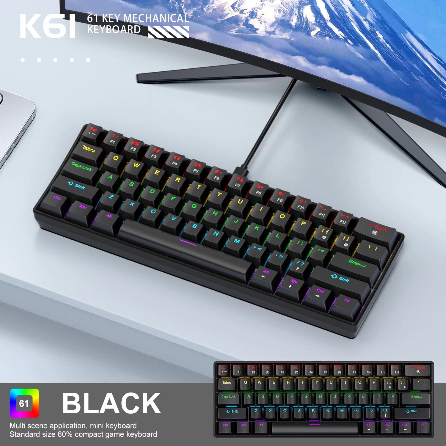 Clavier Mécanique Gaming Pro™ K61 — 61 Touches Hot-Swap, RGB Phantom, Switch Red/Blue