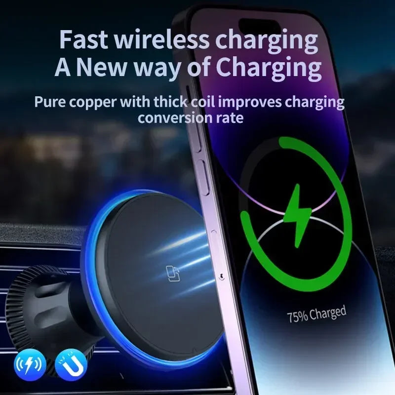 Chargeur Voiture Magnétique Pro™ — Sans Fil 15W MagSafe, Support Grille RGB/LED