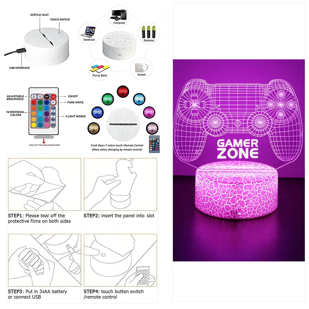 Lampe 3D LED Gaming Pro™ — Veilleuse RGB Personnalisée pour Setup Gamer