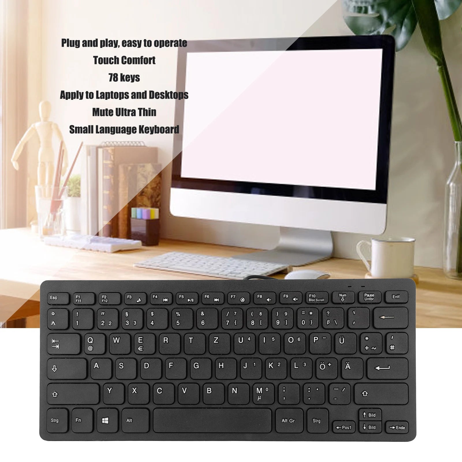 Clavier Ultra-Fin 78 Touches Pro™ — Silencieux, USB Filaire, Disposition FR/RU/DE