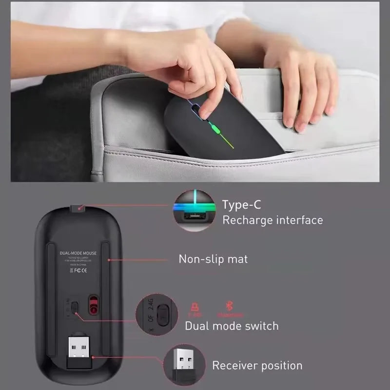 Souris Sans Fil Pro™ RGB Silencieuse — Rechargeable, Bluetooth 5.1 + 2,4GHz, 1600 DPI