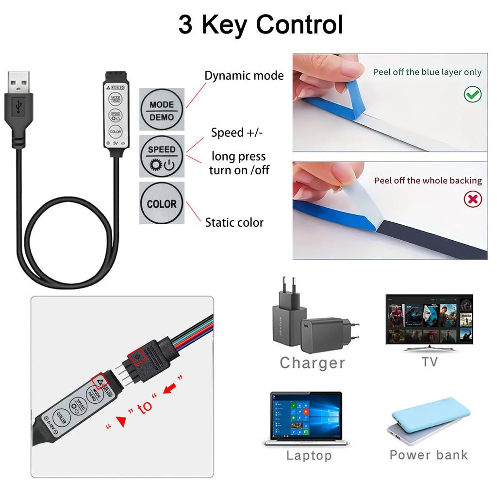 Ruban LED RGB TV Pro™ — Rétroéclairage USB 5V, Contrôle 3 Touches, 1m à 10m