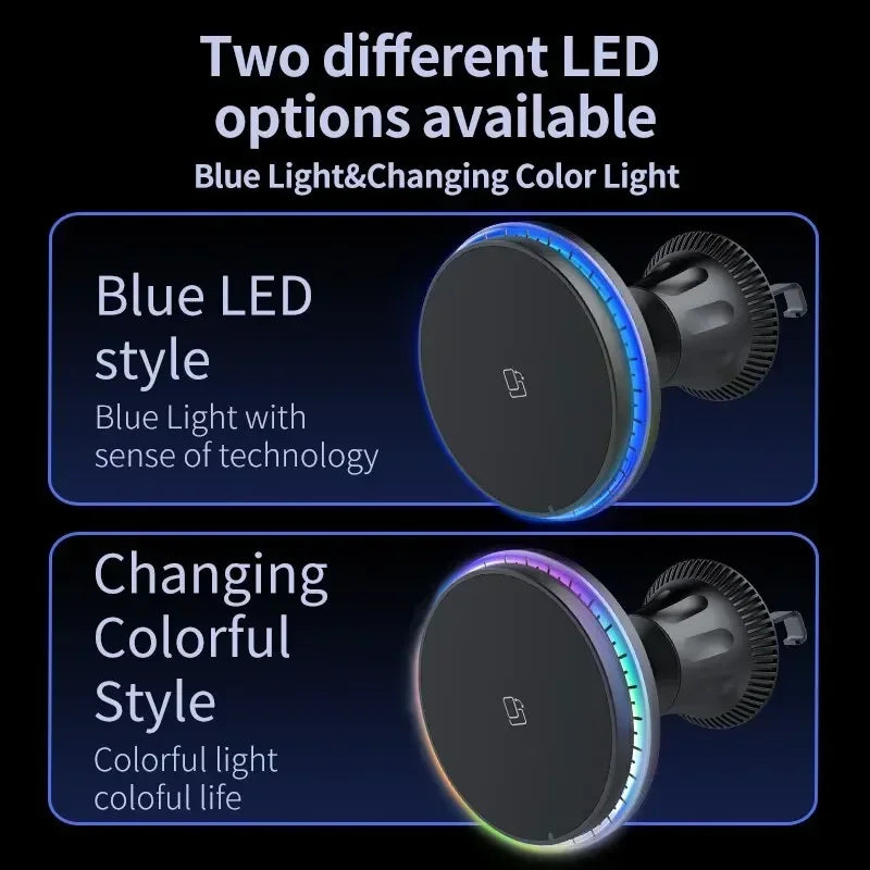 Chargeur Voiture Magnétique Pro™ — Sans Fil 15W MagSafe, Support Grille RGB/LED