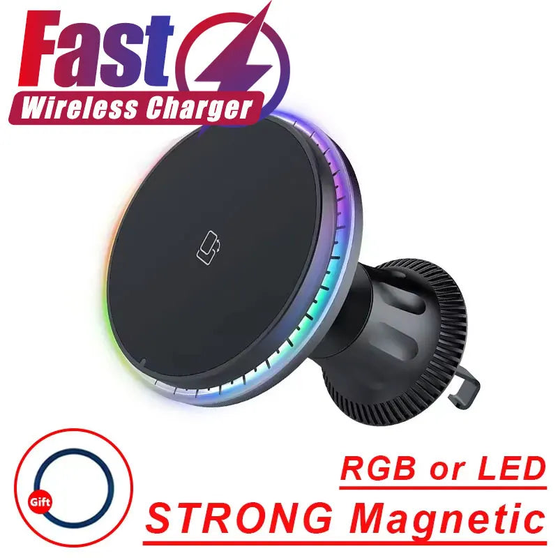 Chargeur Voiture Magnétique Pro™ — Sans Fil 15W MagSafe, Support Grille RGB/LED