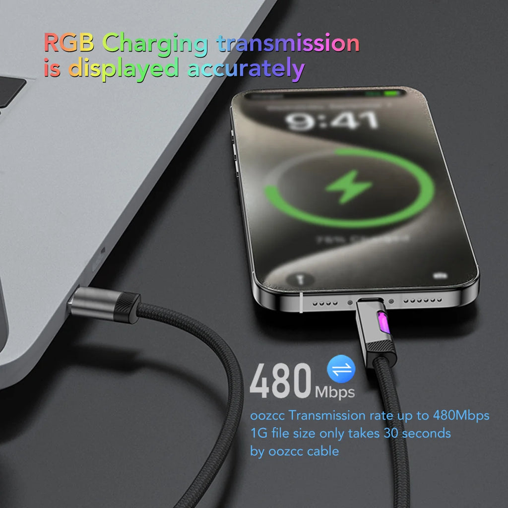 Câble USB-C RGB Pro™ — Charge Rapide 120W 6A avec Éclairage Ambiant