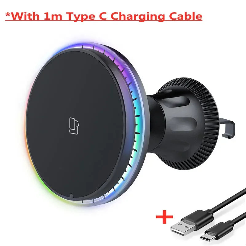 Chargeur Voiture Magnétique Pro™ — Sans Fil 15W MagSafe, Support Grille RGB/LED