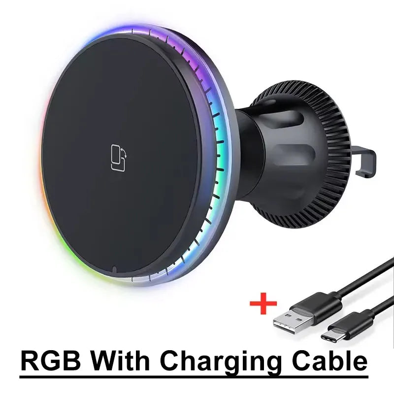 Chargeur Voiture Magnétique Pro™ — Sans Fil 15W MagSafe, Support Grille RGB/LED